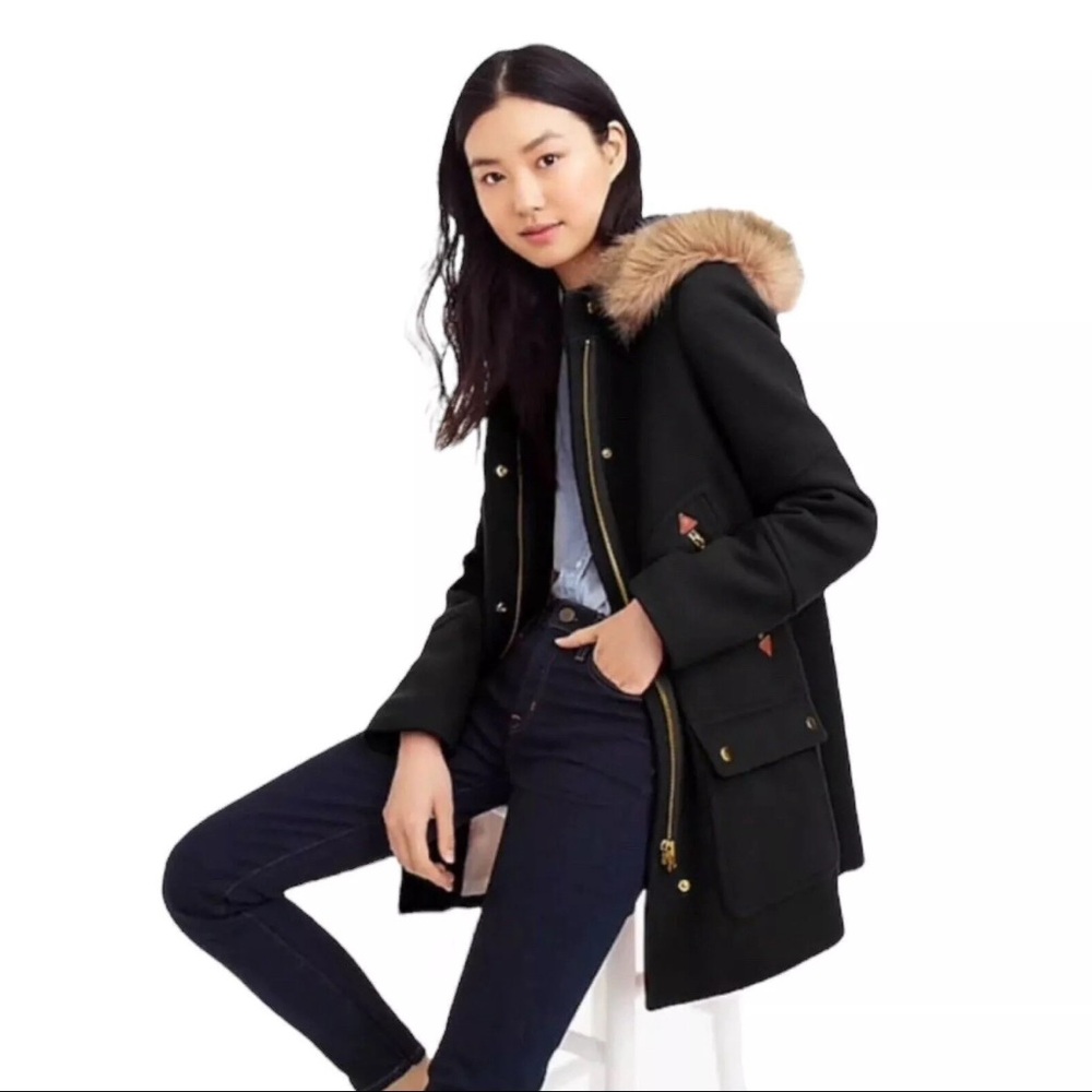 J. Crew Black Chateau Parka Coat Nelo Gori Italian Stadium Cloth Wool Size: 8